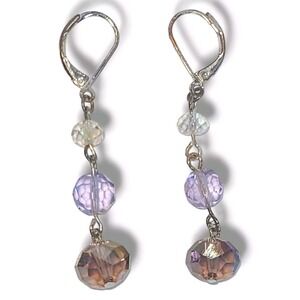 Silver Tone Purple Crystal‎ Leverback Dangle Drop Earrings